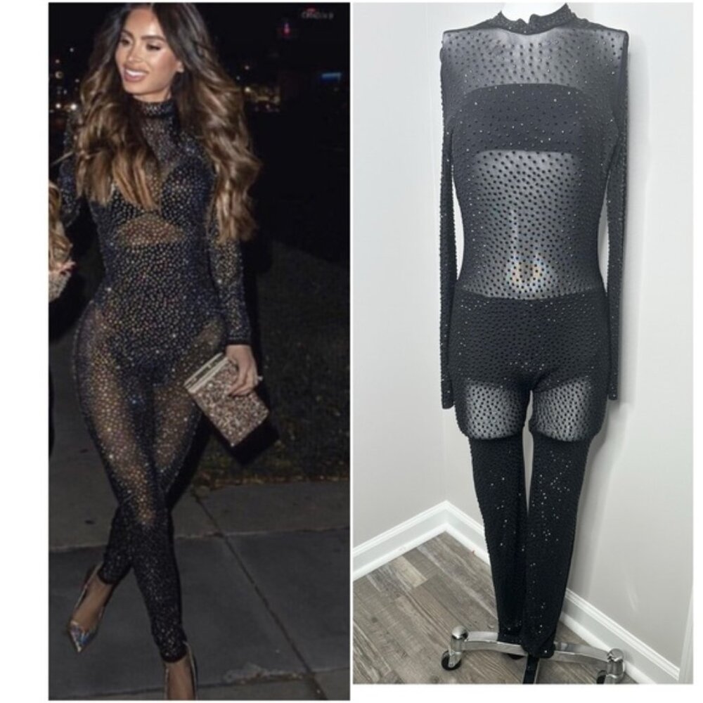 BANJUL BLACK SEE THROUGH RHINESTONE JUMPSUIT- PRELOVED- MEDIUM